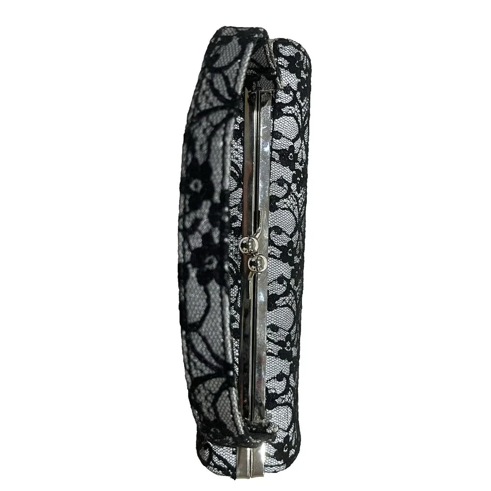 Elegant Vintage-style Black Lace Silver Clutch Purse Handbag 8.5 In Wedding Prom